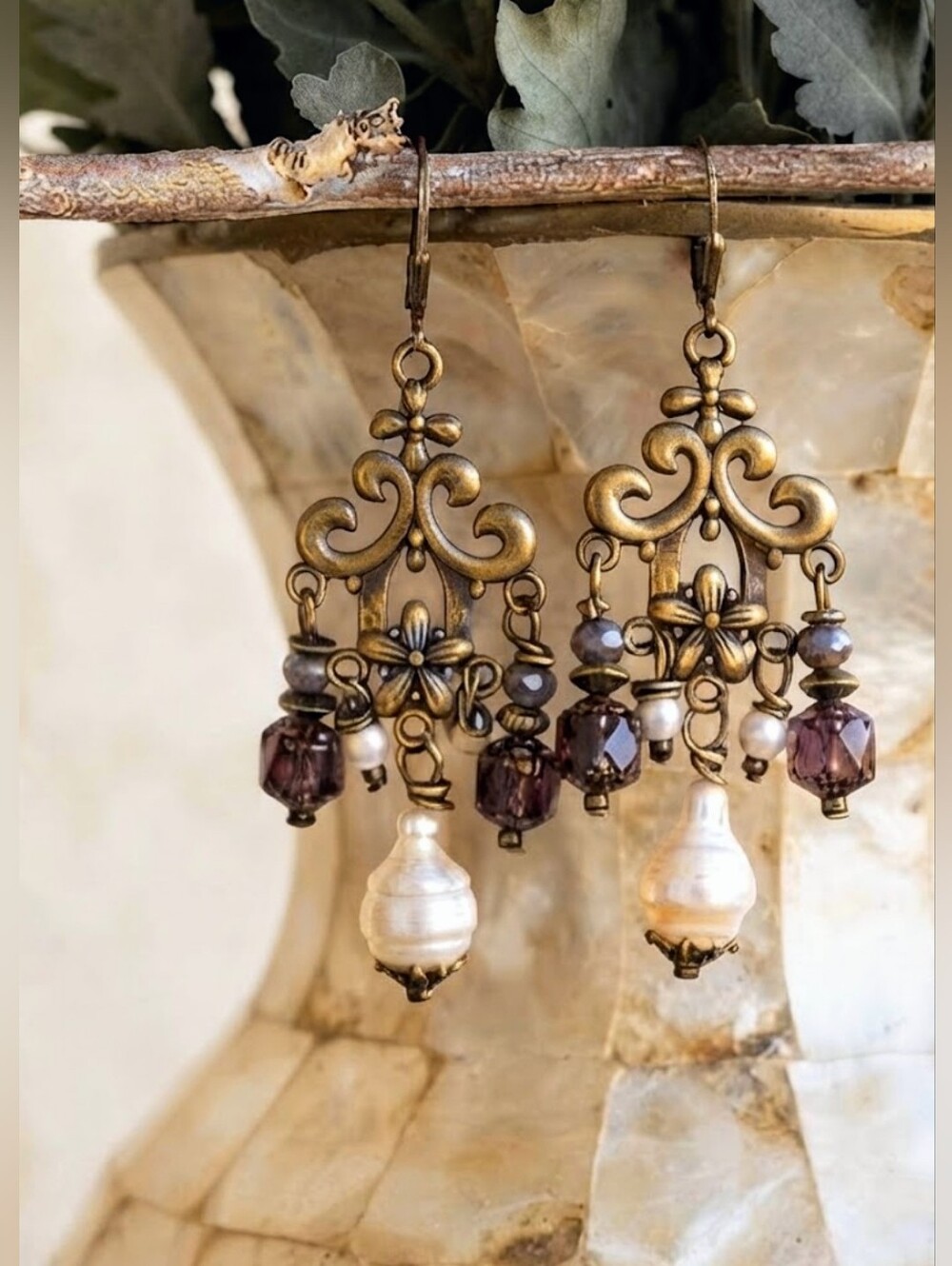 Ornate Rococo Inspired Natural Pearl & Purple Glass Chandelier Brass Earrings